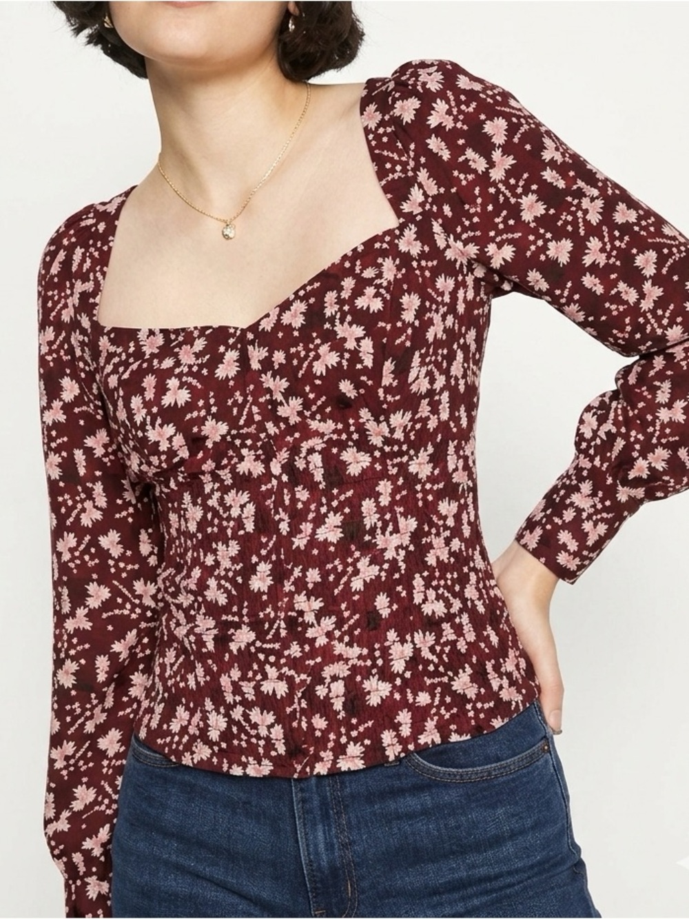 Abercrombie & Fitch Brown Floral Long-Sleeve Smocked Button Sweetheart Top Sz XS